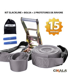 Slackline Cinza 15 M Catraca + Alças + Protetores + Bolsa