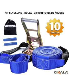 Slackline Azul 10 M Catraca + Alças + Protetores + Bolsa