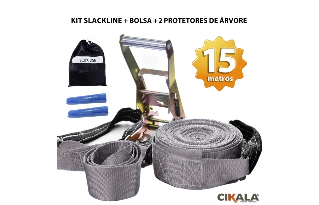 Slackline Cinza 15 M Catraca + Alças + Protetores + Bolsa