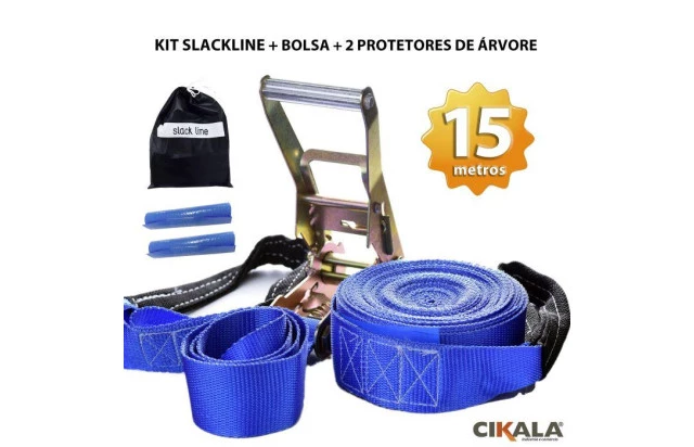 Slackline Azul 15 M Catraca + Alças + Protetores + Bolsa