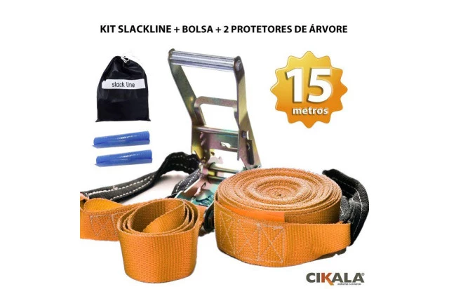 Slackline Laranja 15 M Catraca + Alças + Protetores + Bolsa