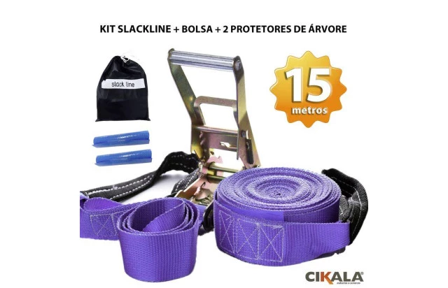 Slackline Roxo 15 M Catraca + Alças + Protetores + Bolsa