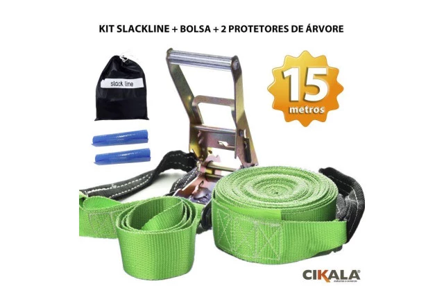 Slackline Verde 15 M Catraca + Alças + Protetores + Bolsa