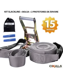 Slackline Cinza 15 M Catraca + Alças + Protetores + Bolsa