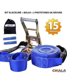 Slackline Azul 15 M Catraca + Alças + Protetores + Bolsa